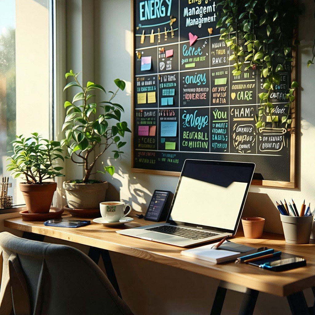 A serene workspace is depicted featuring a cozy desk adorned with a laptop a neatly arranged notepad and a steaming cup of herbal tea Sunlight filters through a nearby window casting warm hues across the room A potted plant sits in the corner its vib