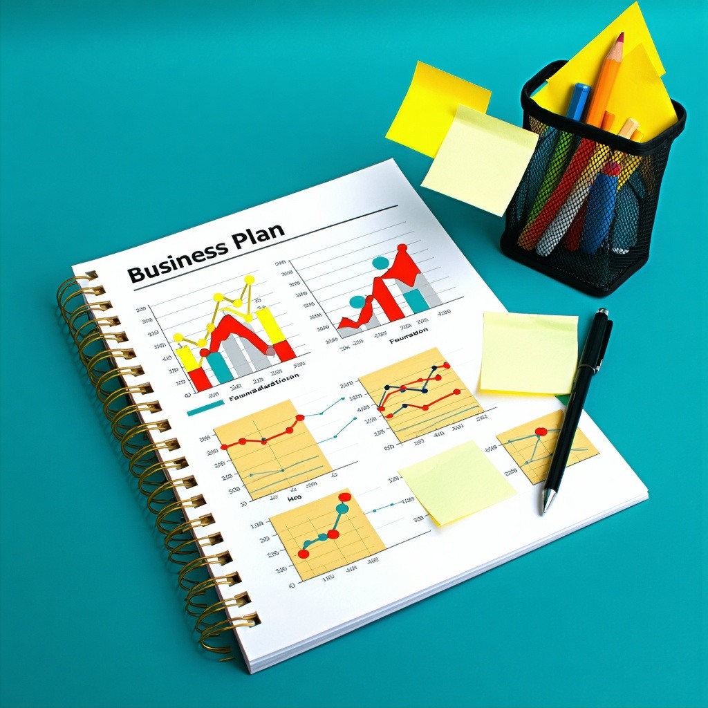A small business plan for foundation of the business post its graphs and pyramid structure on a notebook