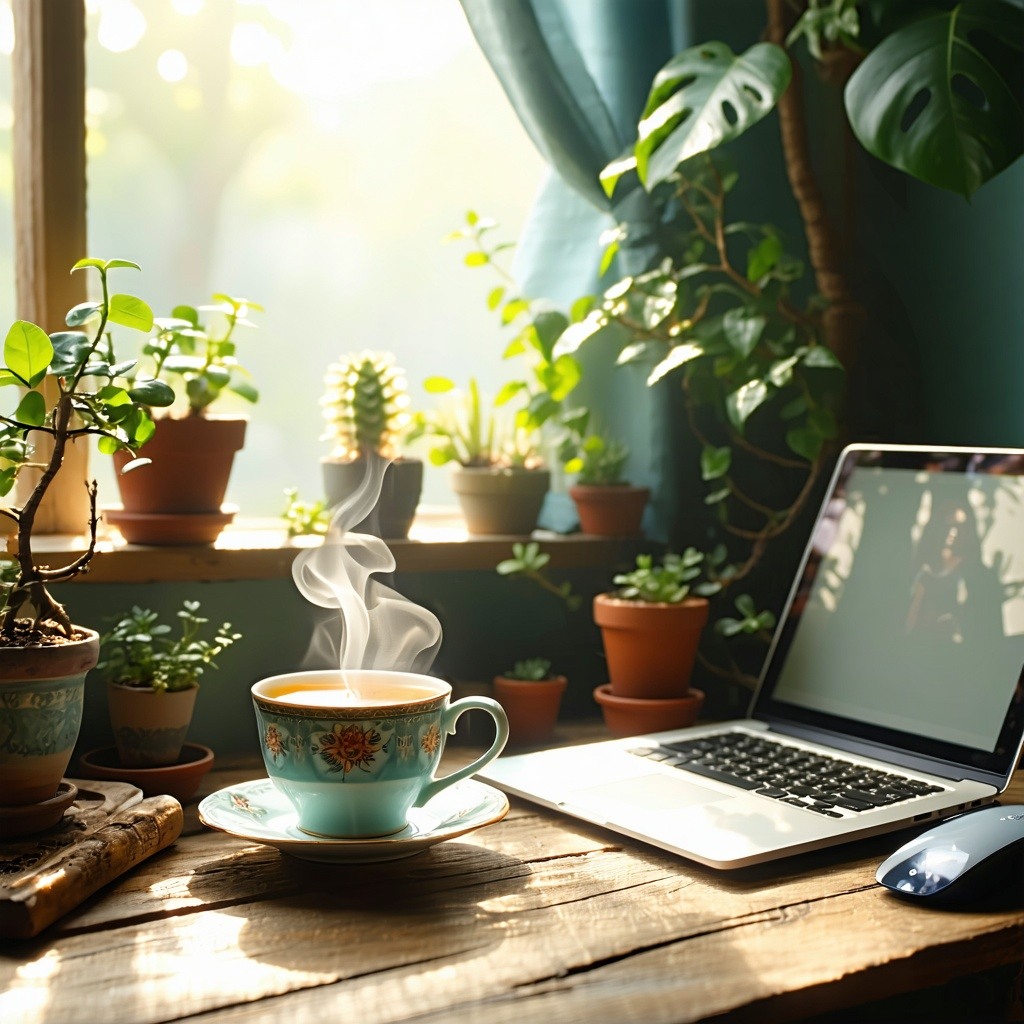 Cozy room with sunlight shining in plants warm atmosphere steaming cup of hot tea phone and laptop that signal advisory meetings and partnership-1