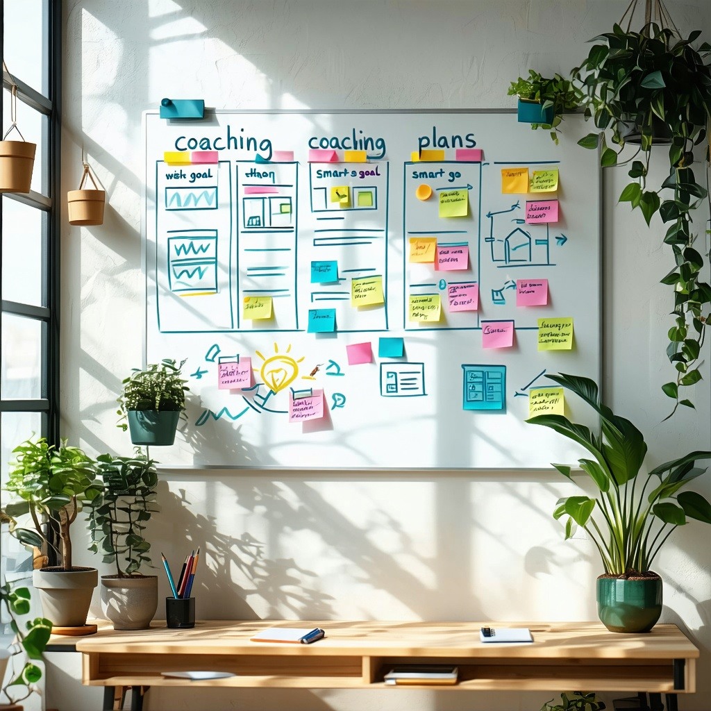 In my brand colours a whiteboard depicting coaching plans and smart goal a warm room with plants sunlight shining through welcoming and cozy feeling