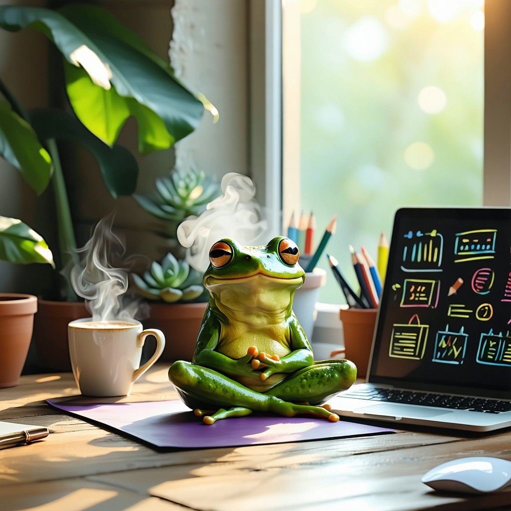 funny green amazon zen frog doing yoga in a home office with sunlight coming through a window steaming hot cup of cocoa laptop on desk plants blackboard with planning layed out-1